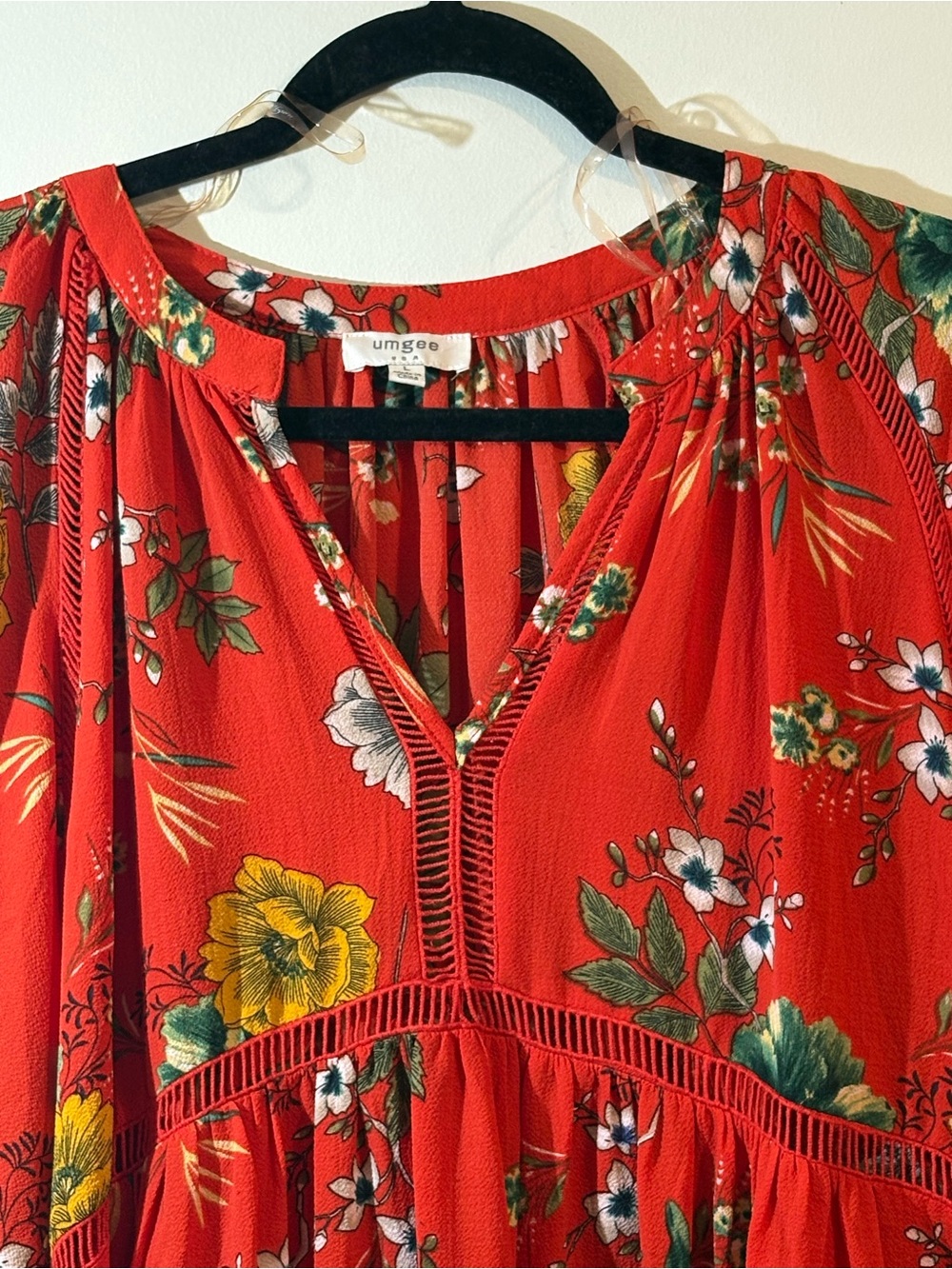 Umgee dress women’s large red floral long balloon sleeves v-neck babydoll tunic - Picture 5 of 12